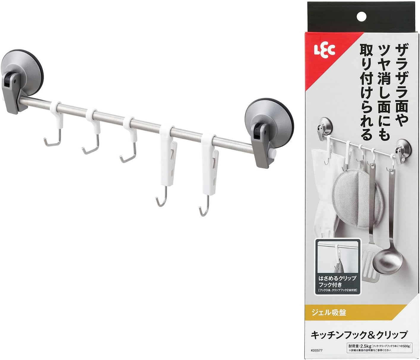 LEC Kitchen Hook & Clip (Gel Suction Cup), Load Capacity: 5.5 lbs (2.5 kg), Size: Approx. 13.6 x 1.4 x 5.3 inches (345 x 35 x 135 mm)
