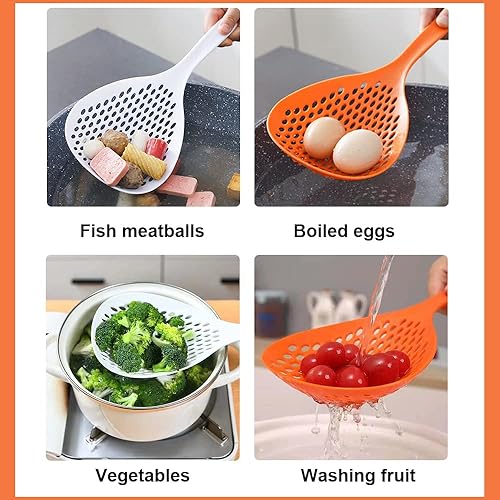Miniatura 6 de 2 piezas colador de cuchara ranurada para pasta, cuchara de plástico con asa, pala de drenaje de alimentos para cocina, blanco y naranja, 13.8 x 5.4