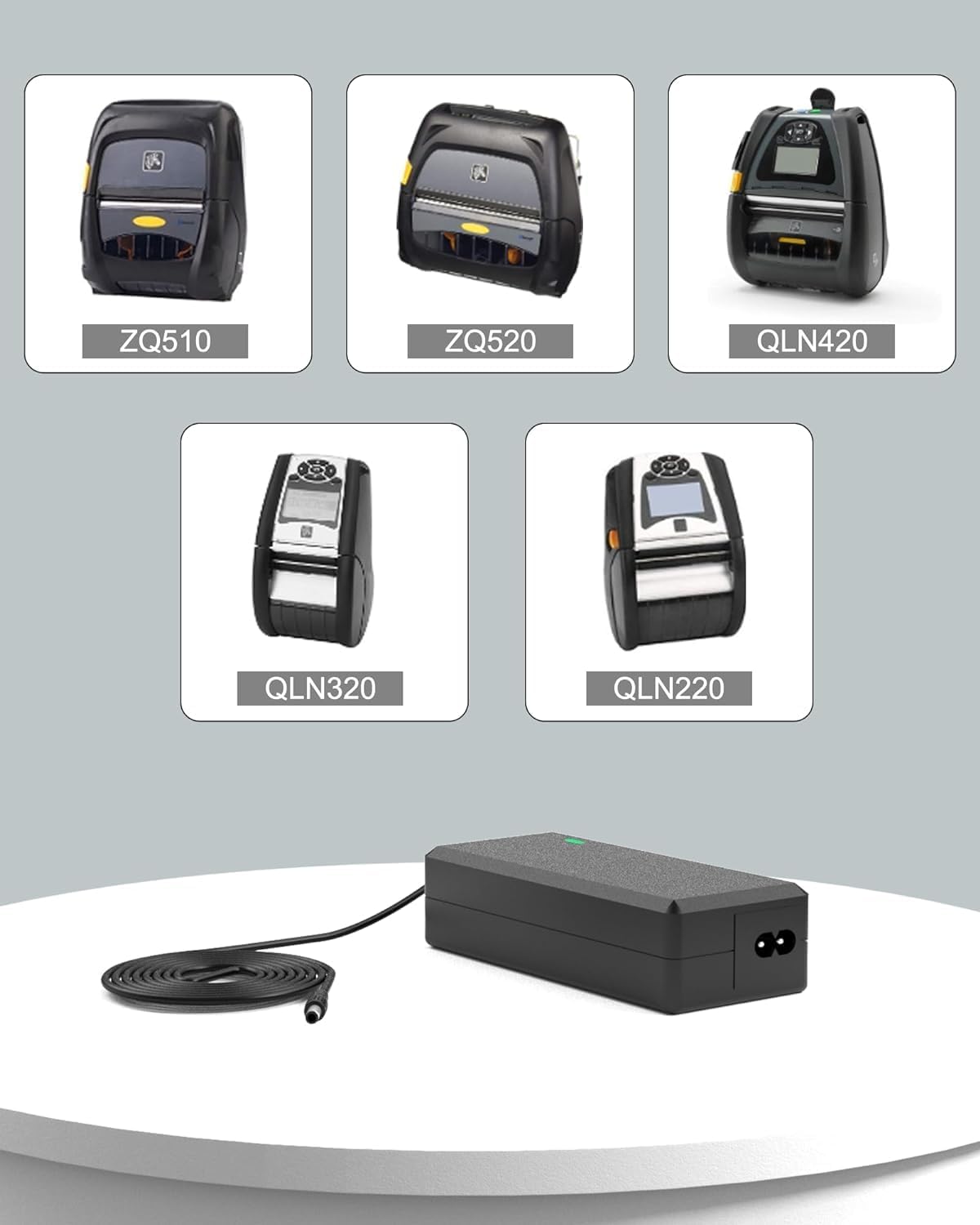 Image showing the FGIEU 12V charger and various compatible Zebra printer models including ZQ510, ZQ520, QLN420, QLN320, and QLN220.