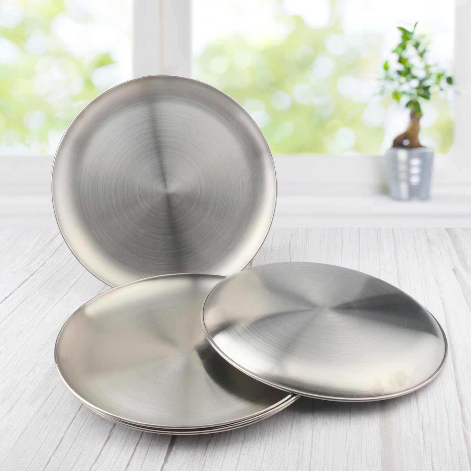 Lot de 5 assiettes rondes en acier inoxydable 304 de 25,4 cm, parfaites pour la maison, le camping et les barbecues, assiettes à salade rondes pour servir des collations, des pizzas et plus