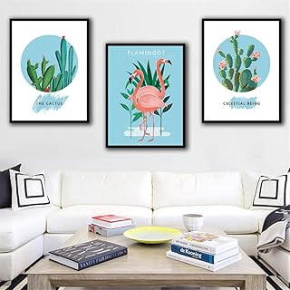SJYHNB Quadro su Tela Cactus Verde & Fenicottero Quadri Stampa Pannello Pittura Immagini Moderni Murale Arte Moderna Foto Decorazione da ​Parete 50 x 70 cm x 3 Pannelli (con Cornice)