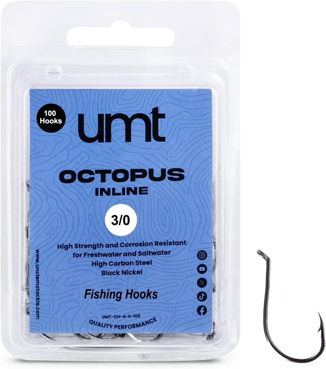 UMT - 100 Pack Octopus Fishing Hooks Sizes 2/0 3/0 4/0 & 5/0 Black Nickel High Carbon Steel - Superior Terminal Tackle for Saltwater and Freshwater