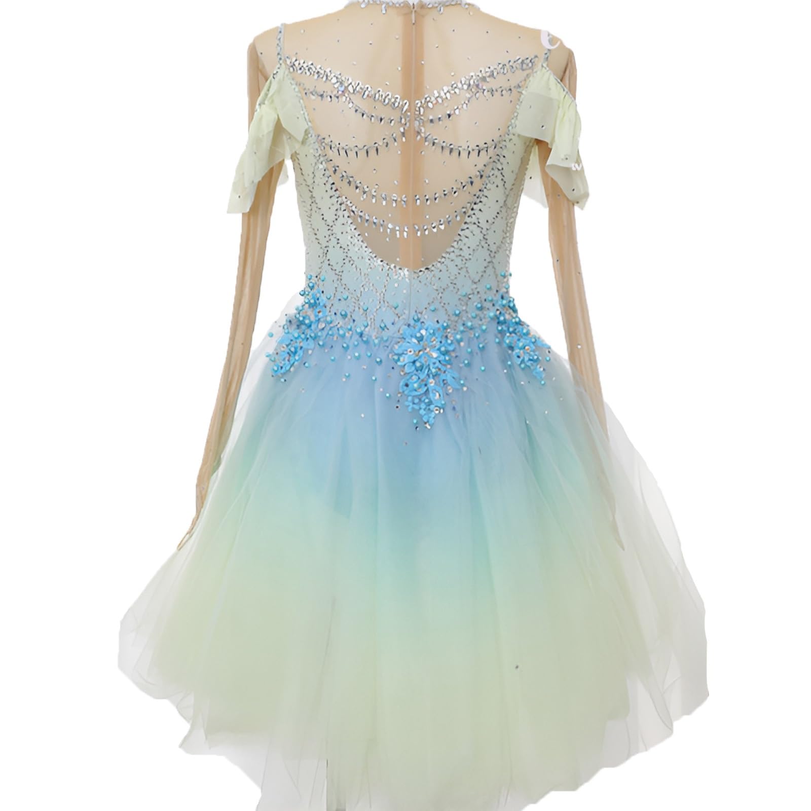 Girl's Competition Figure Skating Dress with Diamonds, Women's High Elasticity Shiny Ice Skating Dress(XXXS) Blue