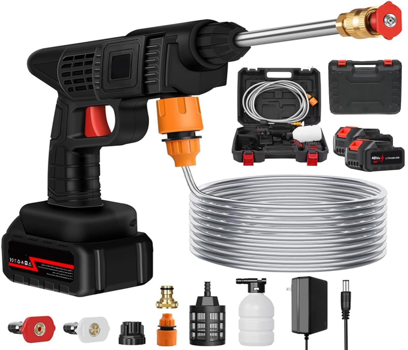 Cordless Pressure Washer, 300W Battery Pressure Washer, Car Wash Water Gun with Batteries, 5m Hose, Foam Sprayer (Black-2 Battery)