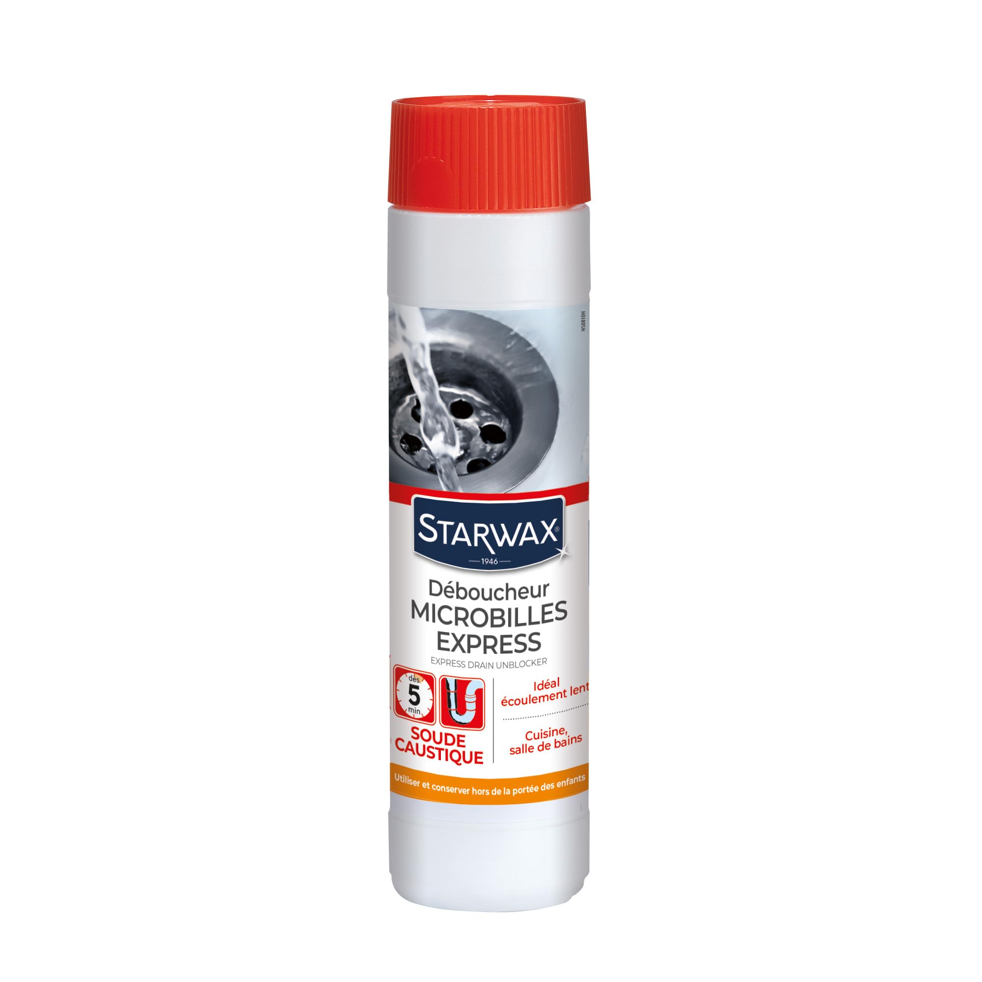 STARWAX - Déboucheur microbilles Express pour canalisation - Ecoulement lent - Action choc - Soude Caustique - Action rapide en 5min -​Elimine les bouchons - 15 débouchages- Entreprise Française - 500g