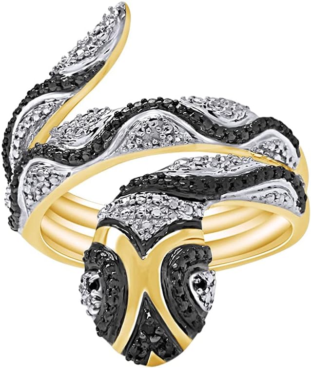 Black Natural Diamond Anniversary Snake Ring in14k Gold Over Sterling Silver
