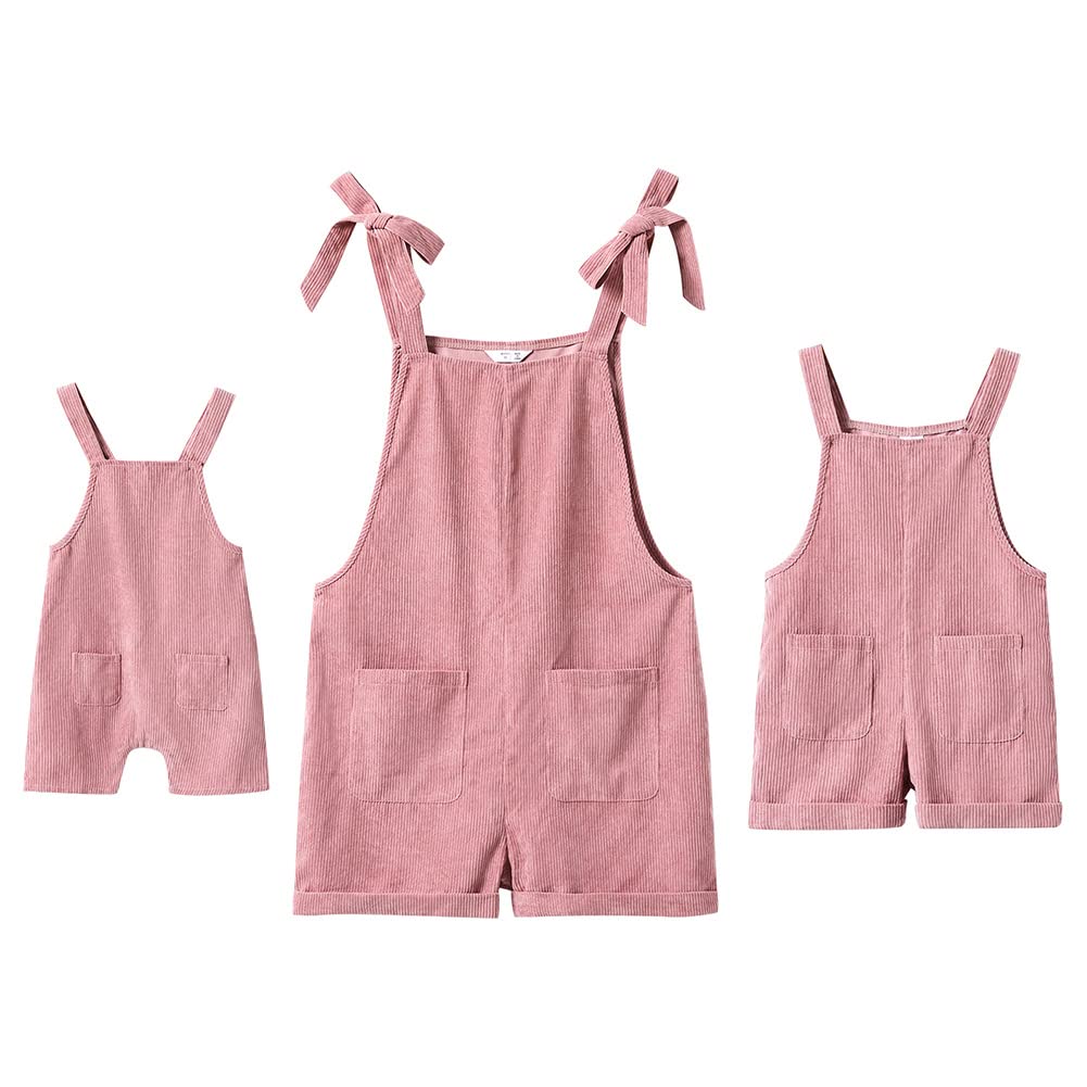 Mommy and Me Dresses Outfits Solid Color Family Matching Romper Shorts Jumpsuit Overall Bowknot Decor Sleeveless Spaghetti Straps Summer Casual Clothes for Mother and Daughter Pink Corduroy Medium
