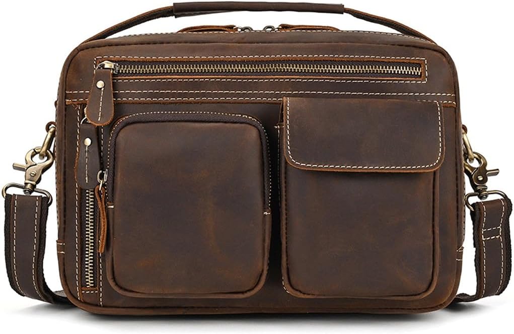 Vintage Shoulder Bag Crazy Horse Leather Skew Flat Tote Large Capacity Backpack