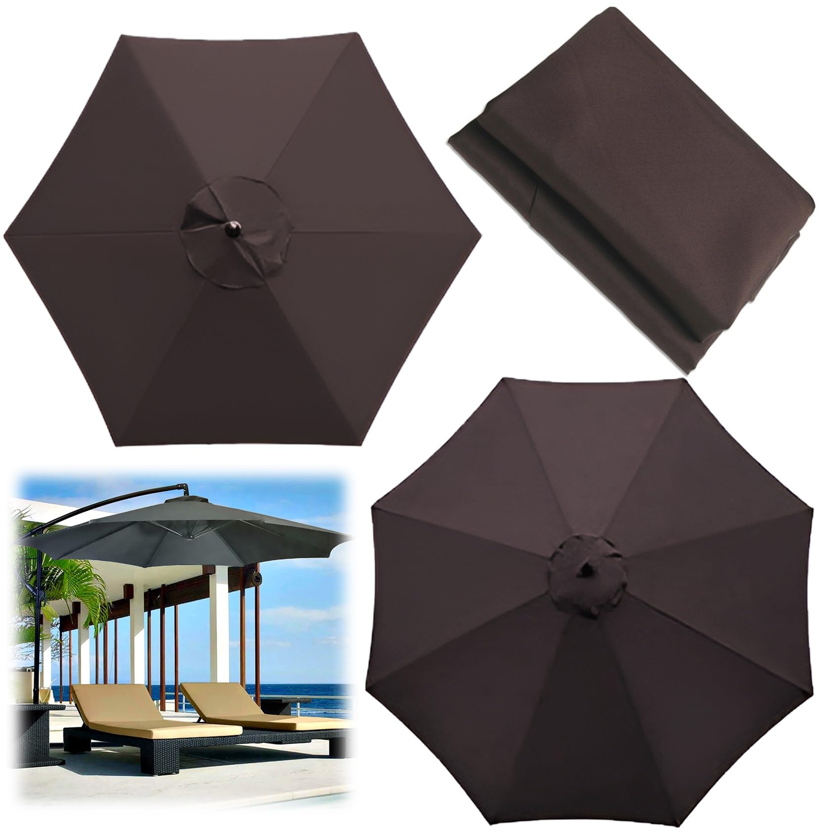Replacement Parasol Canopy, 2/00270/300 CM Market Table Umbrella Cloth Replacement Fit 6/8 Arms Patio Umbrella Outdoor Deck Parasol Cover Lawn Pool(Color:Brown,Size:6 ribs-2.7m(8.8ft))