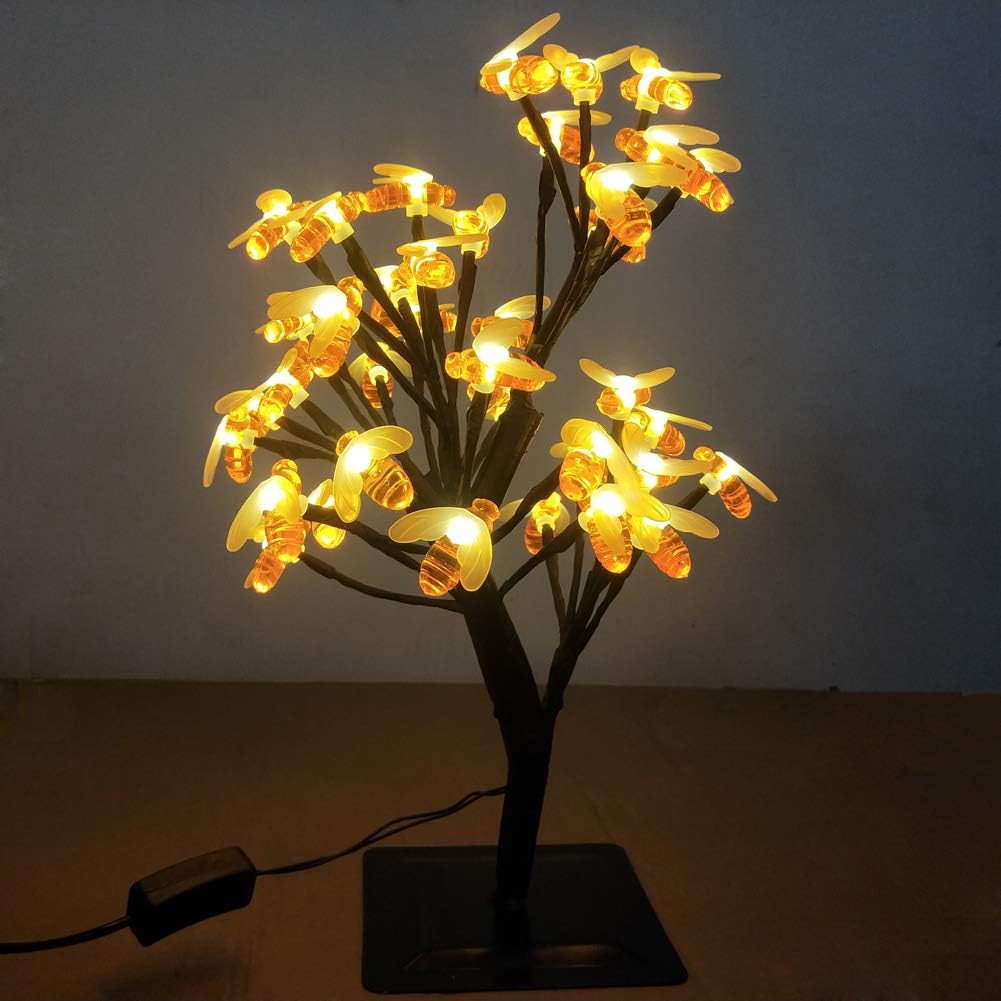 LED Honeybee Tree Light LED Lighted Bee Table Top Night Light Christmas Tree Brances Lighted Bonsai Tree Table Lamp Kids Children Parents Gift Bedroom Home Indoor Decoration (Warm Light)