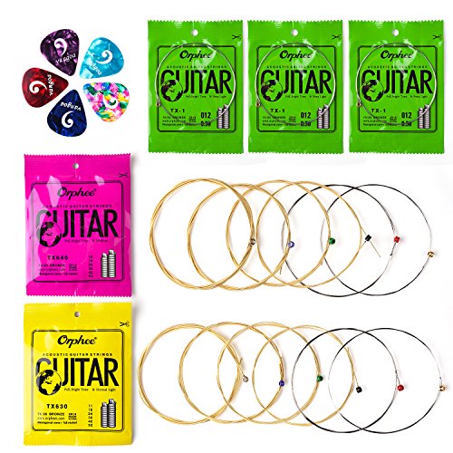 Phosphor Bronze Acoustic Guitar Strings Set Including 3 Extra Light Strings (012-0.3), 1 Pack Medium Strings (12-53), 1 Pack Normal Light Strings (11-52), 5 Assorted Picks, By Vangoa