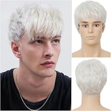 Mens White Short Wig Synthetic Natural Layered Male Hair Wig with Bangs Halloween Wig