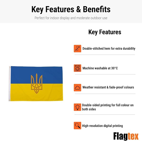 Ukraine Flag with Trident Crest 5ft x 3ft (150cm x 90cm) - Ukrainian State Flag with Coat of Arms, Weather Resistant National Crest Flag, Tryzub Banner - 4