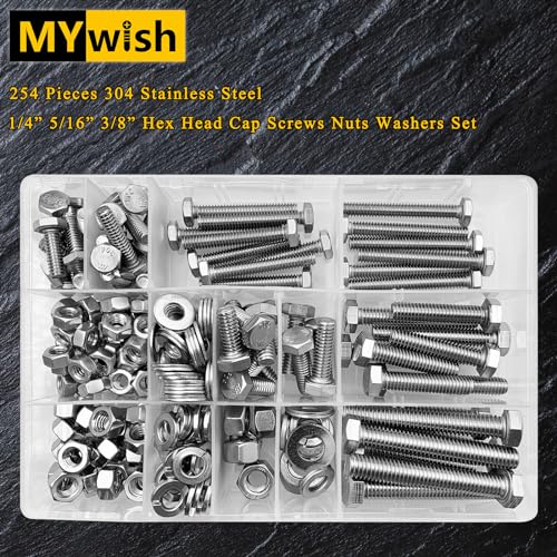 Mywish TZ00010 254Pcs Bolts And Nuts Assortment, 1/4 20 Bolt, 5/16 18 Bolt, 3/8 16 Bolt, Heavy Duty 304 Stainless Steel Bolts And Nuts Kit thumb #3