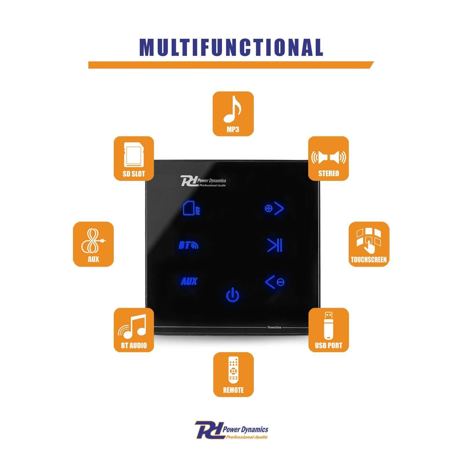 Power Dynamics Powerline A50B Amplificateur Audio Mural 2X 20 Watts, Récepteur sans Fil Bluetooth, USB et Micro SD, Écran Tactile, Livré avec Télécommande, Idéal pour Sonorisation de la Maison