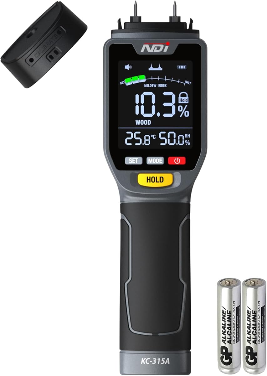 NDI 4 in 1 Pin Moisture Tester, Digital Water Tester, Wood Moisture Meter, Backlit LCD Display Automatic Alarm, Low-battery Indicator, Calibration & HOLD Button for Wood Firewood Lumber Floors