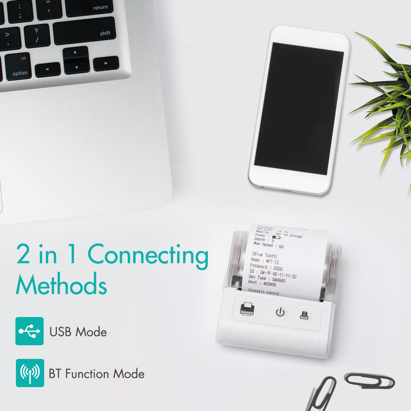 Mini imprimante thermique portable USB et Bluetooth 57 mm sans fil haute vitesse 1 rouleau de papier intégré compatible iOS, Android, Windows pour restaurant, vente au détail