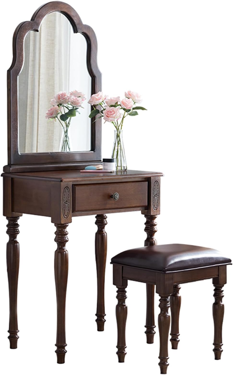 Vanity Desk,Walnut Wooden Vanity Table Set with Mirror & Stool, Compact Makeup Dressing Table with Drawer for Bedroom, Stylish Small Furniture (S-23.62in)