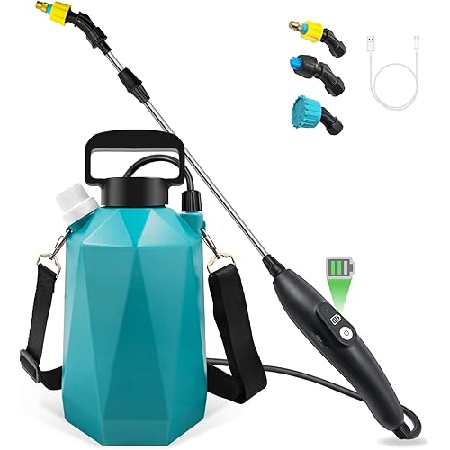Battery Powered Garden Sprayer, Electric Pump Sprayer 1 Gallon with 3 Nozzles, USB Rechargeable Handle, Telescopic Wand, Portable Water Sprayer with Adjustable Shoulder Strap for Lawn and Garden