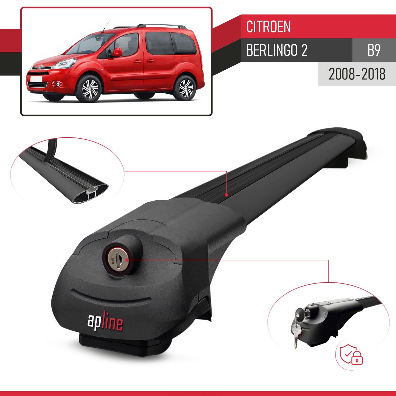 Pasuje do Citroen Berlingo 2 (B9) 2008-2018 ACE-1 relingi dachowe bagażnik samochodowy, czarny, aluminium, 2 pręty