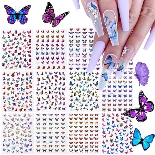 TOROKOM 12 Sheets Butterfly Nail Art Stickers, 3D Self-Adhesive Nail Decals with Colorful Laser Butterflies Designs for DIY Manicure Decor