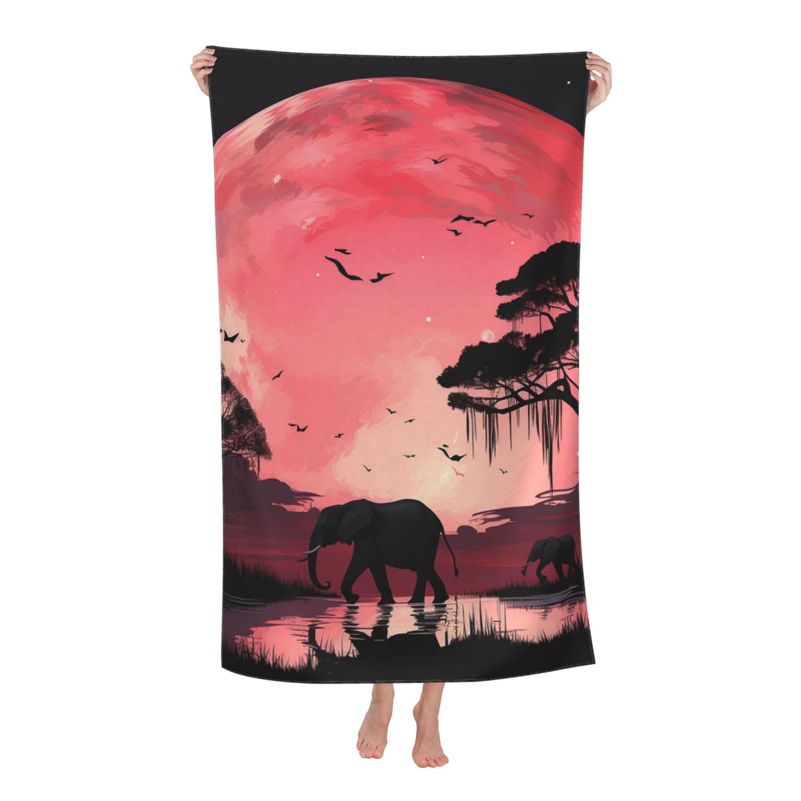 HLBSDM Pink Moon Elephant Beach Towel 52 x 32 in Vacation Essentials Quick Dry Sand Free Pool Swim Towel Super Absorbent Bath Towels Oversized Gym Towels Travel Blanket Gift