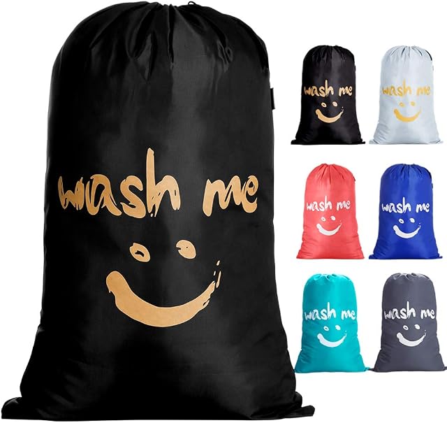 IHOMAGIC Laundry Bag Extra Large 100L, Foldable Storage Bag with Drawstring Cord Lock Closure, Nylon Dirty Clothes Bags for Bedroom Home or Dormitory and travel, Golden Smile Fabric Bag, Black