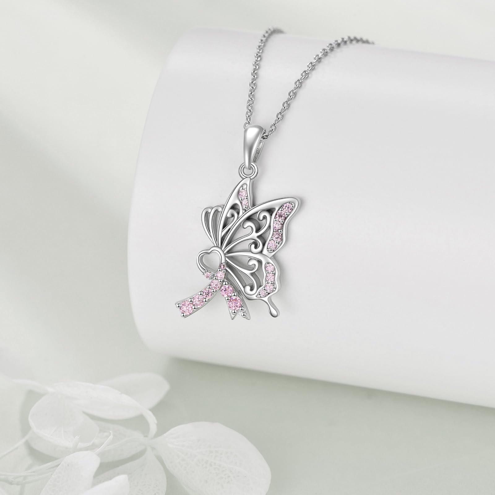 YAFEINI Brustkrebs Bewusstsein Kette 925 Sterling Silber Krebs Überlebenden Schmuck Geschenk für Damen Rosa Schmetterling Schleife Anhänger Halskette