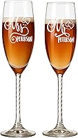 Vista 1 de Mr and Mrs Copas de champán personalizadas, copas de tostadas de boda, copas de vino grabadas con texto en inglés "His Her Her", vasos para parejas