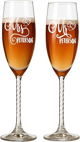 Mr and Mrs Copas de champán personalizadas, copas de tostadas de boda, copas de vino grabadas con texto en inglés "His Her Her", vasos para parejas,