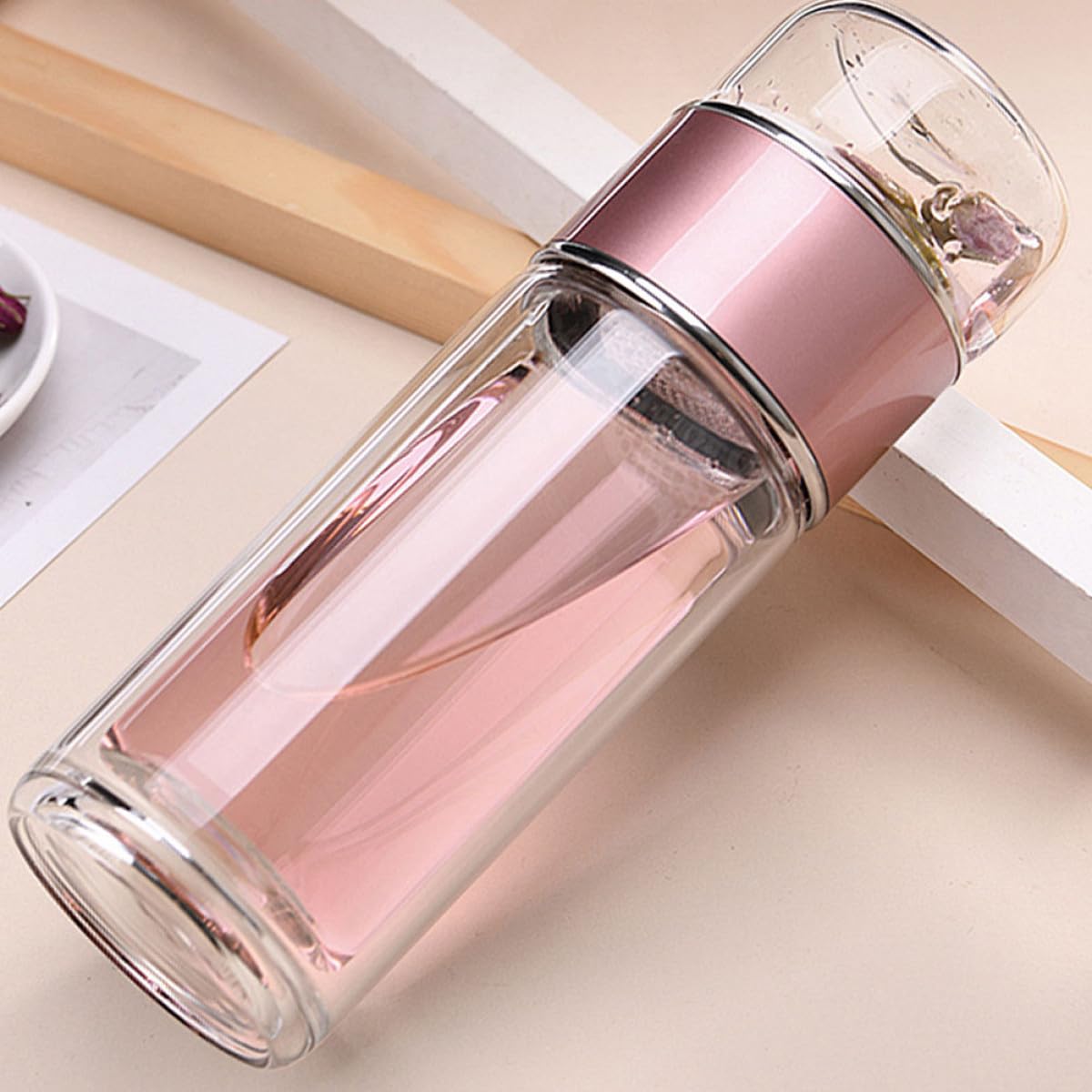 Botella Infusora de Té de Vidrio 250ml Colador y Tapa Hermética, Diseño Compacto Prueba de Fugas Adecuado para Viajes y Bolso