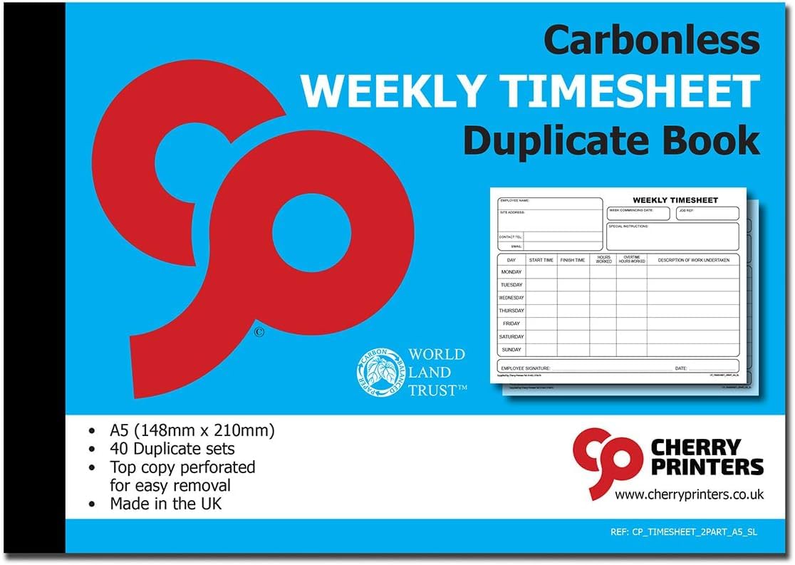 Cherry Weekly Timesheet 2pt Book A5 S+L | 40 Carbonless Duplicate Sets | Perforated Top Copy for Easy Removal | Record Working Hours Overtime & Tasks | Businesses Contractors & Freelancers **20 Pack**