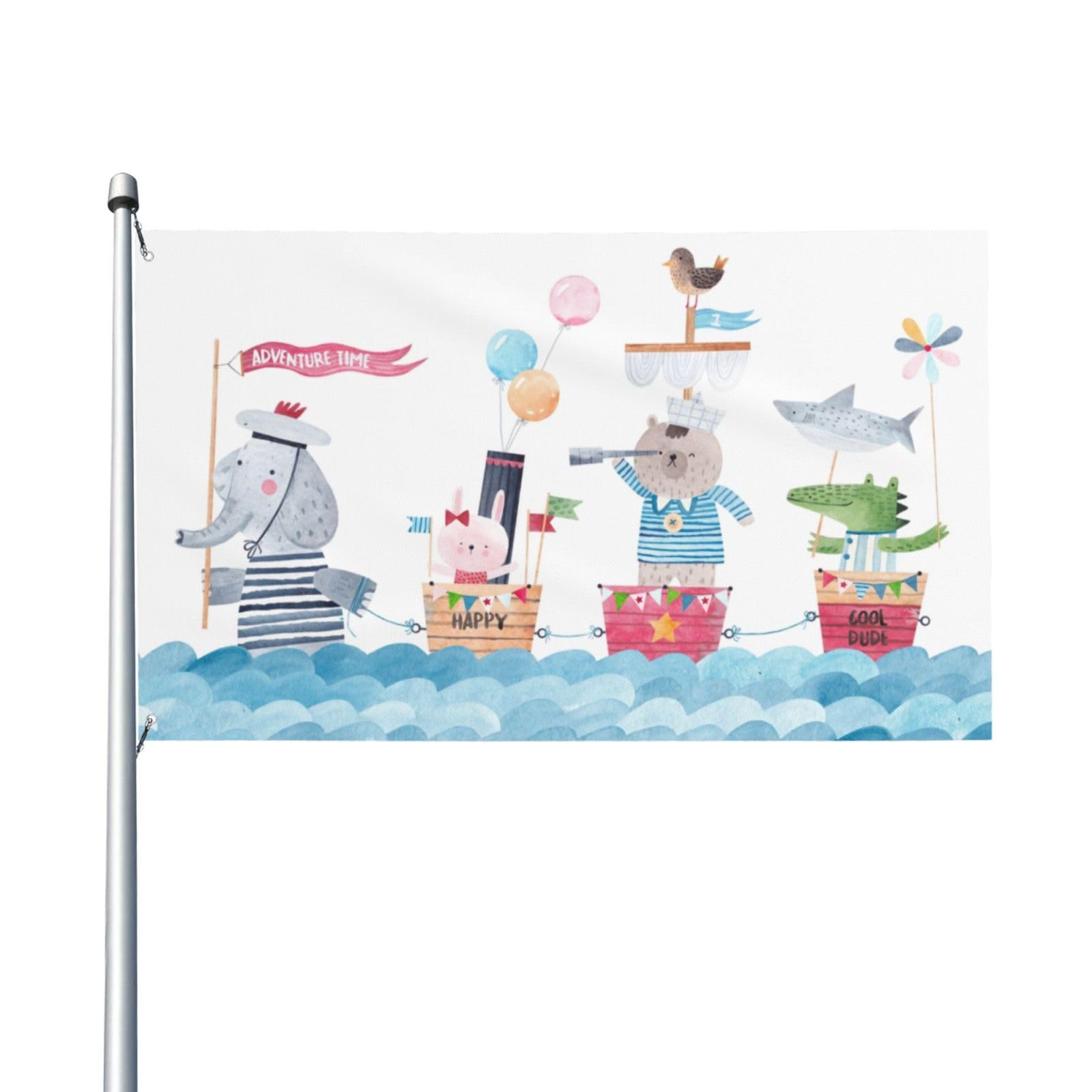 150x90cm (5x3ft) Cute Childish Animals Play Sea Adventure Flag For House Lawn Hanging Decorating Yard Banners Holiday Welcome Flags With 2 Metal Eyelets, Indoor Outdoor Use