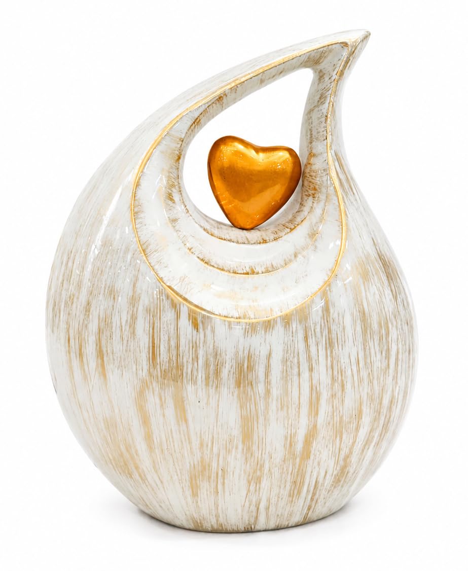Heart of Love Cremation Urn for Human Ashes, Beautiful Handcrafted White Golden Teardrop Heart Urn for Human Ash - Decorative Funeral Memorial Keepsake Urn for Men & Women (Whitsh/Natural(8X4.5X10"))