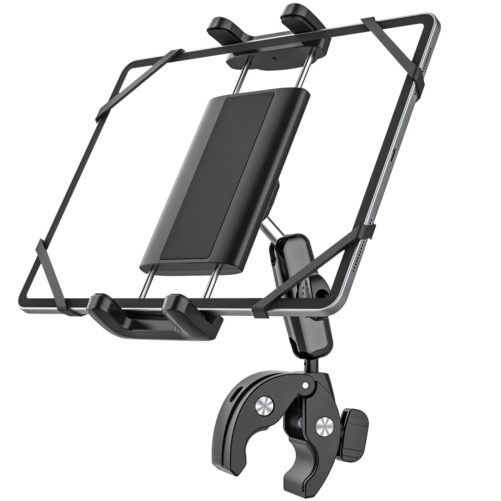 Support de tablette en métal pour iPad - Pour barre de fauteuil roulant, chariot de golf, poussette, vélo de fitness, vélo de route, VTT - Pince de guidon réglable à 360 ° pour iPad Pro, Air