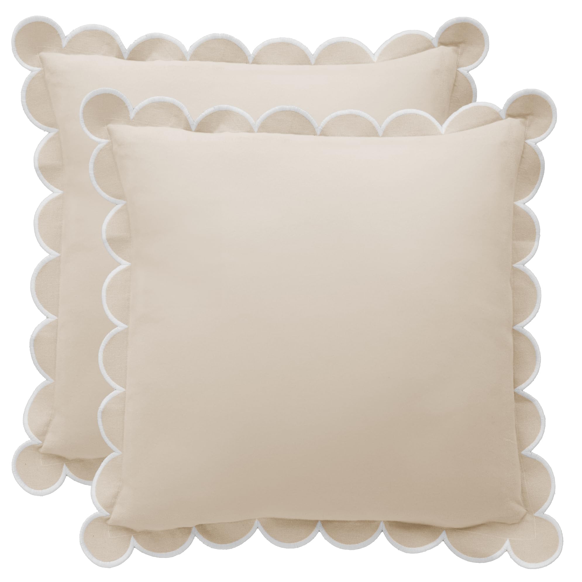 Bebe Bask Natural/White Scalloped Pillow Cover - Set Of 2 - 18 X 18 Inch - Scallop Pillow Cover /Beige - 100% Cotton - Grandmillennial Style