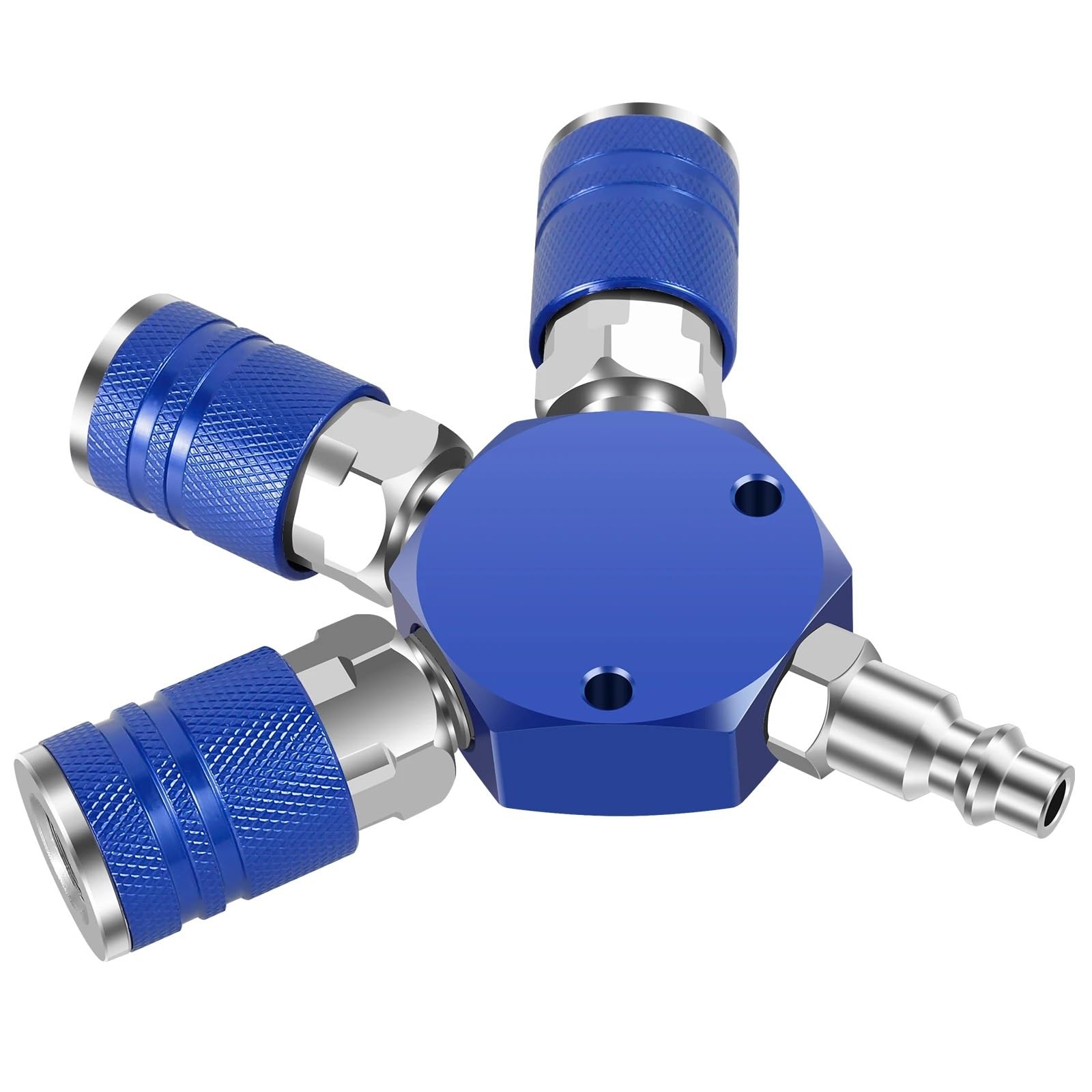 Colector de aire de 3 vías de 1/4" con acoplador y tapones, divisor de aire, conexión rápida, racor for manguera de compresor de aire, conector de manguera de aire(Blue)
