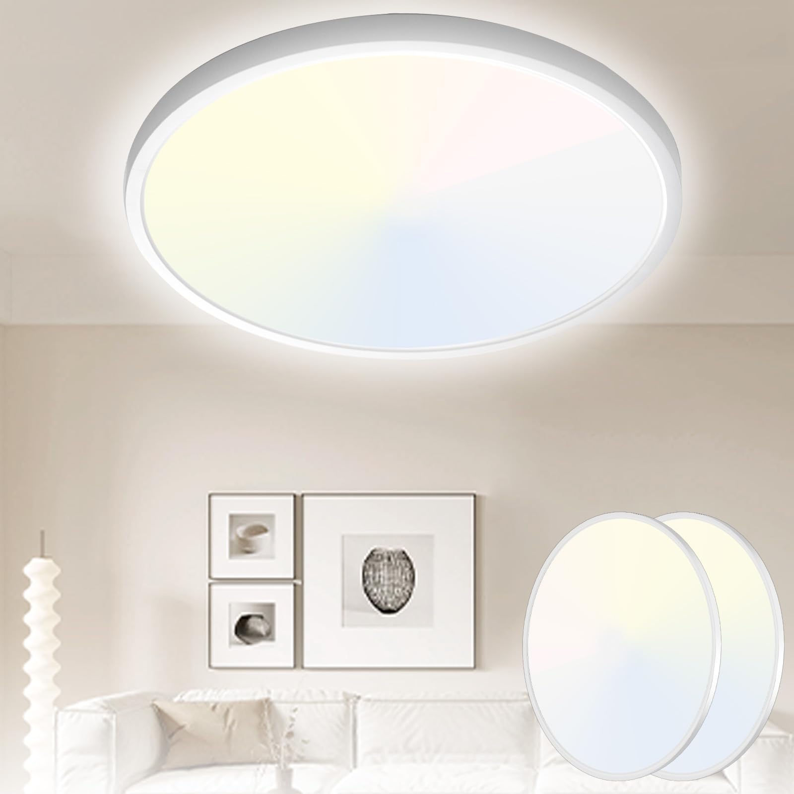 Yexati 23CM Bathroom Light 20W 2000LM 6000K/4000K/3000K IP44 Waterproof Bathroom Lights Ceiling, Ultra Thin Round Flush Ceiling Light for Kitchen Bedroom Toilet Porch Hallway Living Room 2 Pack