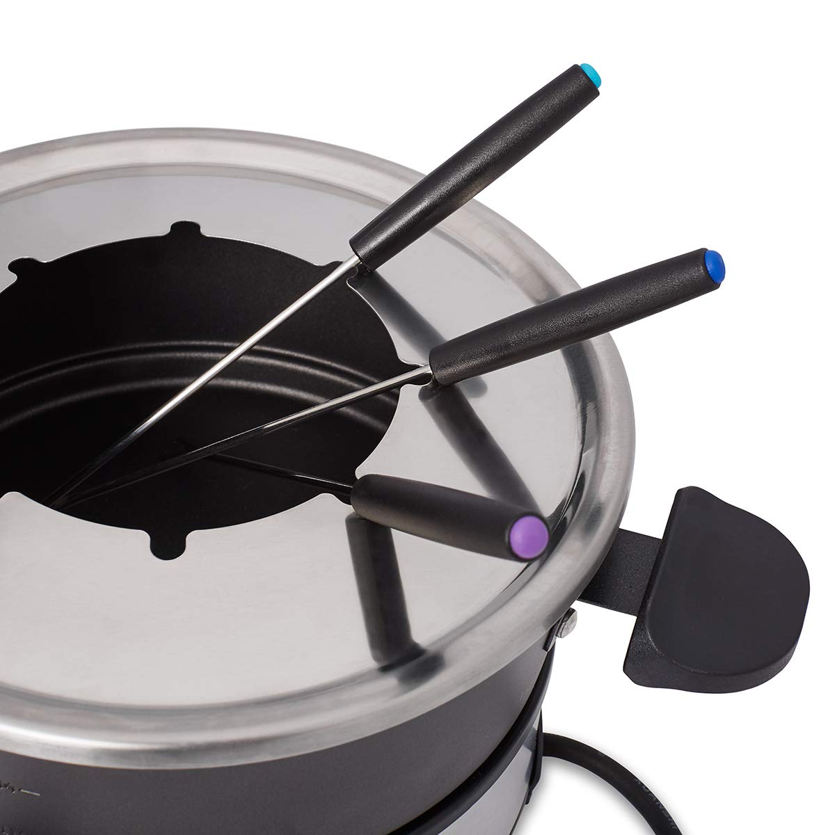 Cloer 6679 Fondues électriques jusqu'à 8 personnes, pot en aluminium revêtu, protection anti-éclaboussures amovible, 8 fourchettes colorées, 1.5 litres, 1000 W, argent, noir