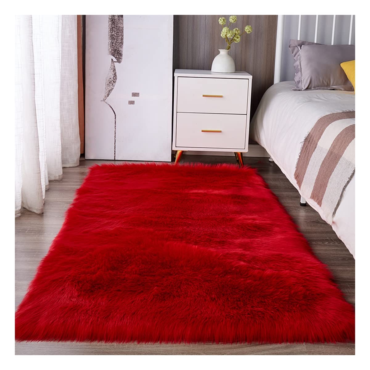 Tapis intérieur épais shaggy rouge grand format pour chambre