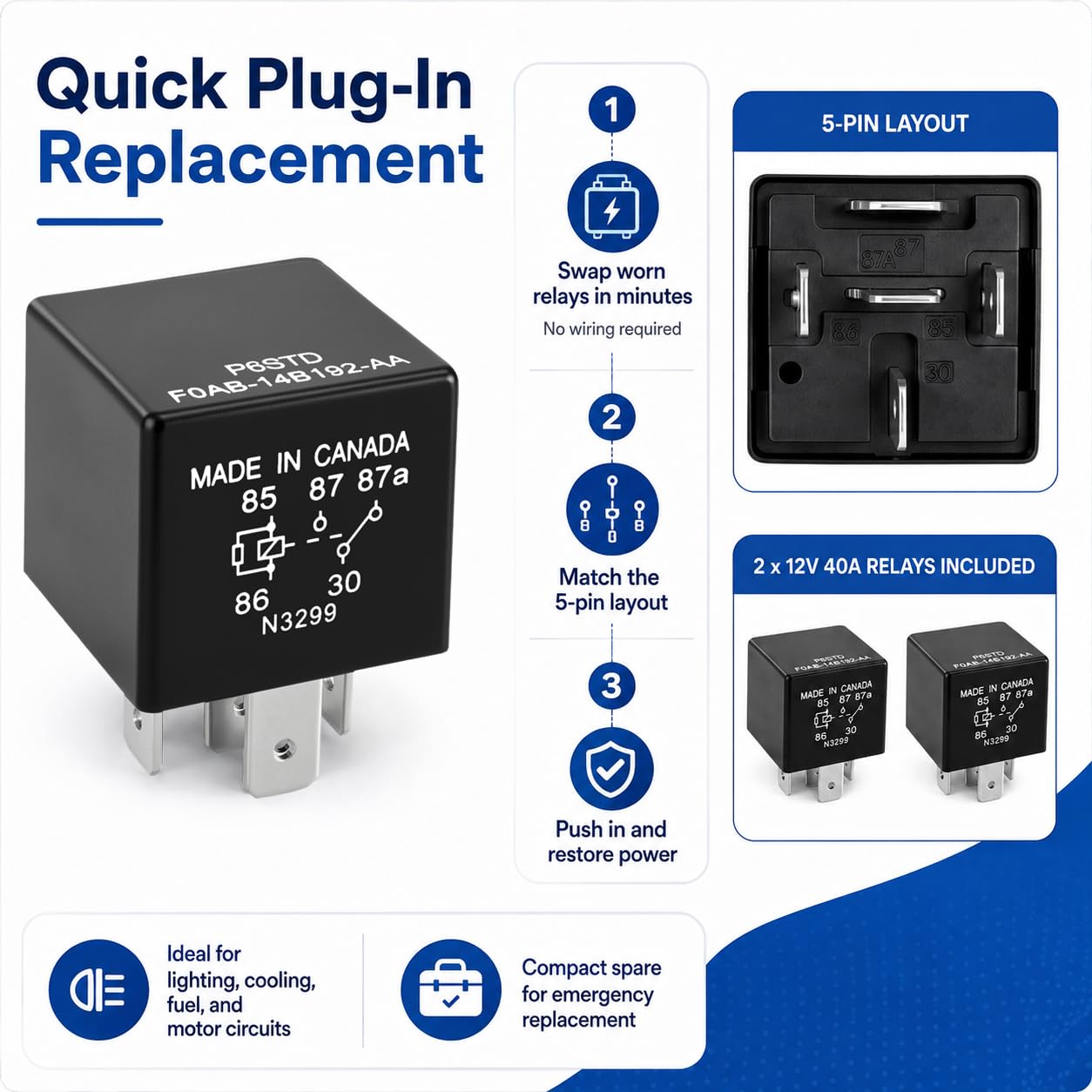 P6SDT FOAB-14B192-AA - Relé automotriz (paquete de 2) - 40 A, 12 VCC, 5 pines, repuesto OEM F0AB-14B192-AA para sistemas eléctricos Ford