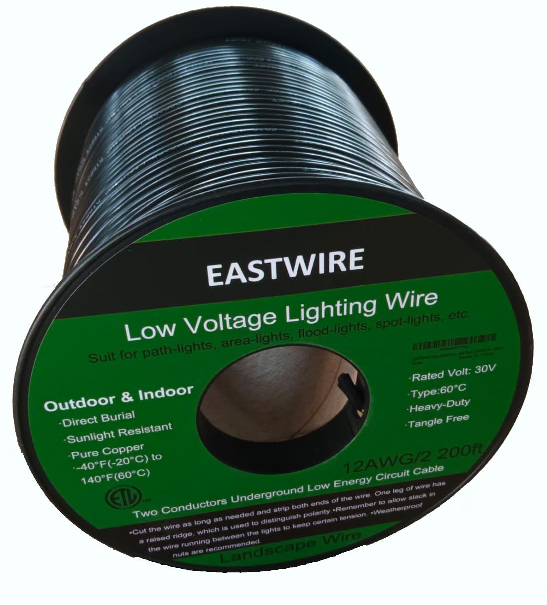EASTWIRE 12/2 200ft Direct Burial Low Voltage Landscape Lighting Wire - Outdoor - Underground Low-Energy Circuit Cable, Light Cable, ETL Listed, Black