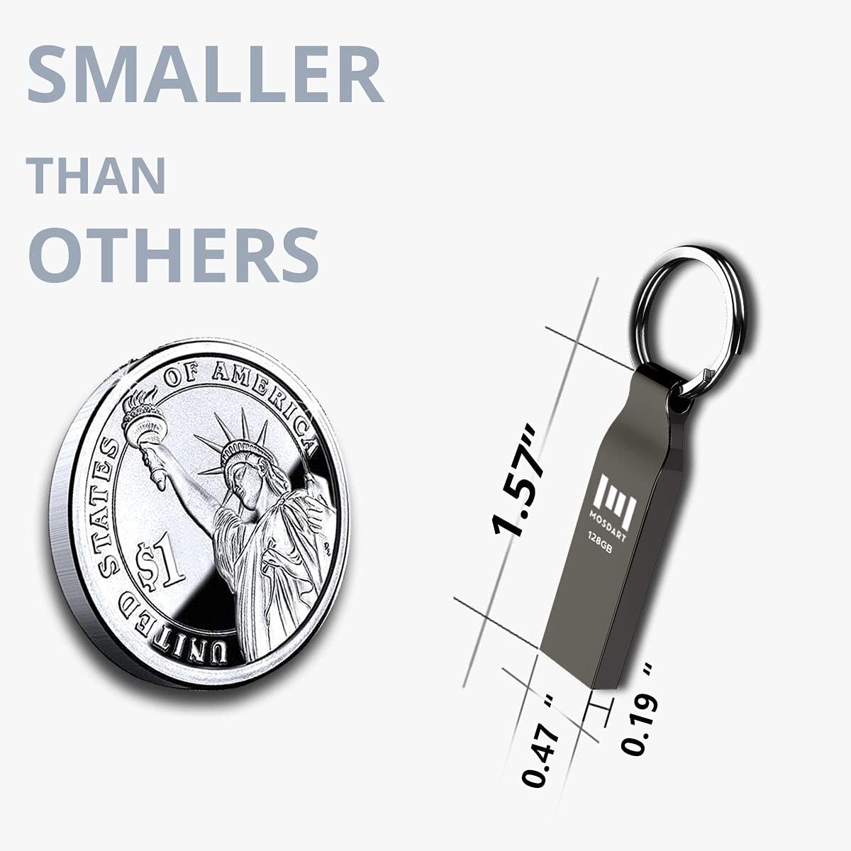 MOSDART Waterproof 128GB USB2.0 Flash Drive, exFAT Metal Memory Stick with Keychain, for System Back, Data Storage, Titan Gray(Pack of 2)