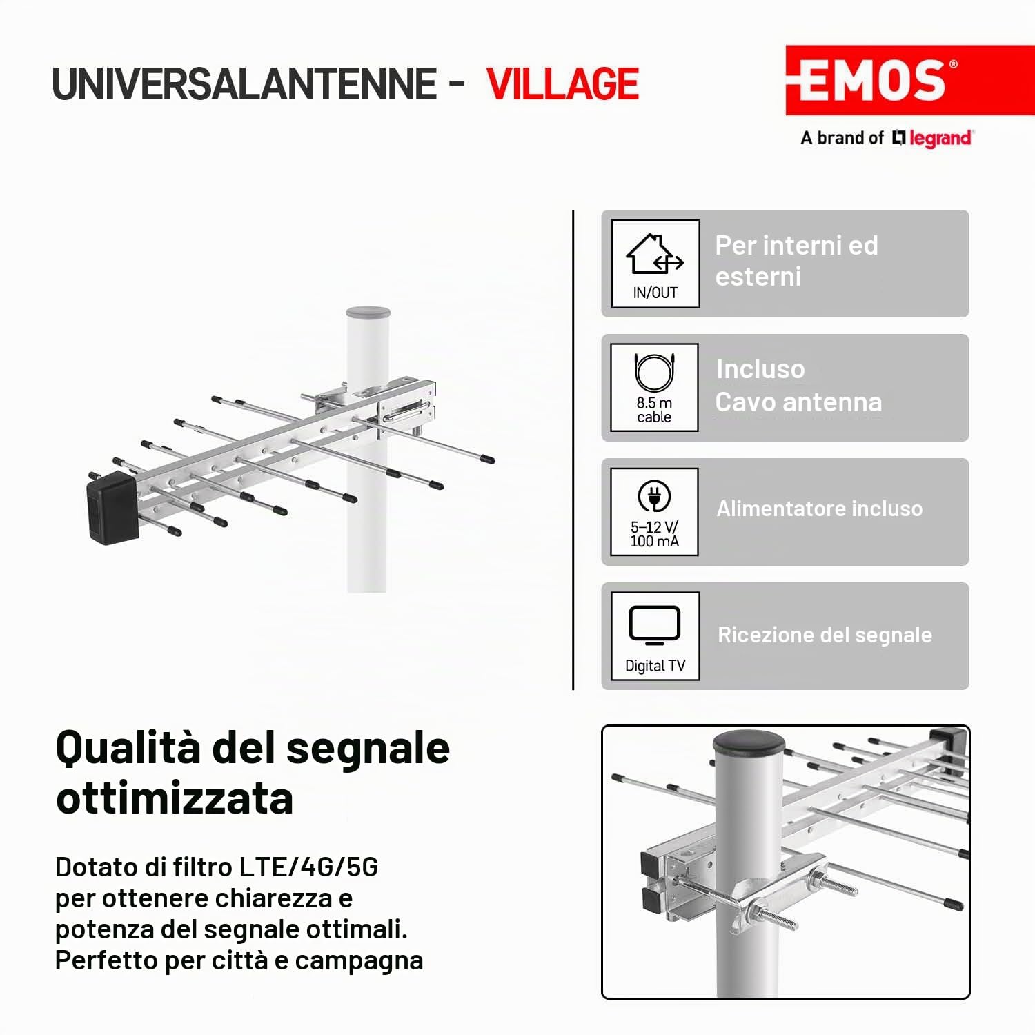 EMOS Antenna esterna DVB-T2 con amplificatore, antenna esterna attiva per massima potenza del segnale, filtro LTE integrato e 5G, per ricezione remota 0-100 km, collegamento a DVB-T, ricevitore DVBT-2