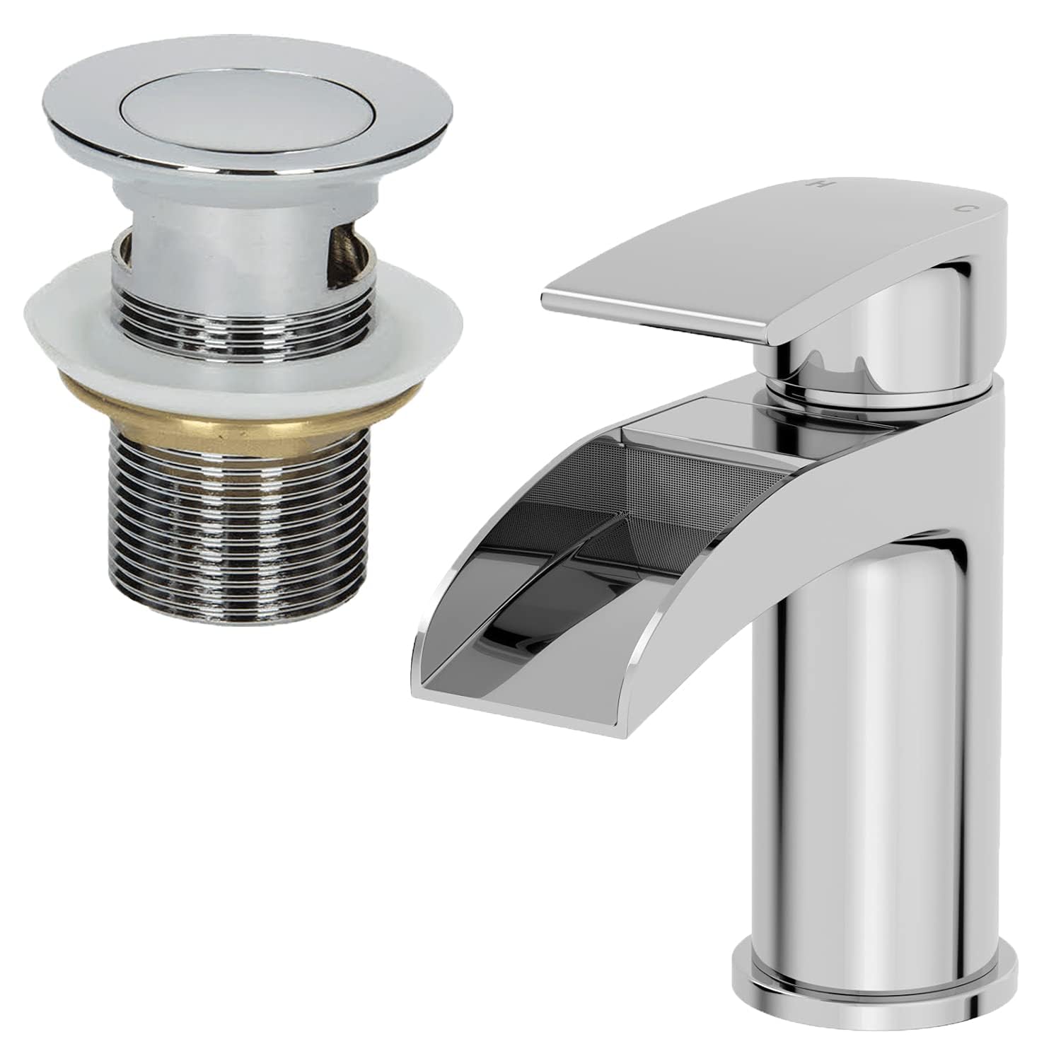 Architeckt® Motala Bathroom Basin Sink Mixer Tap with Waste Waterfall Spout Modern Mono Round Single Lever Handle Faucet for Sinks, Chrome