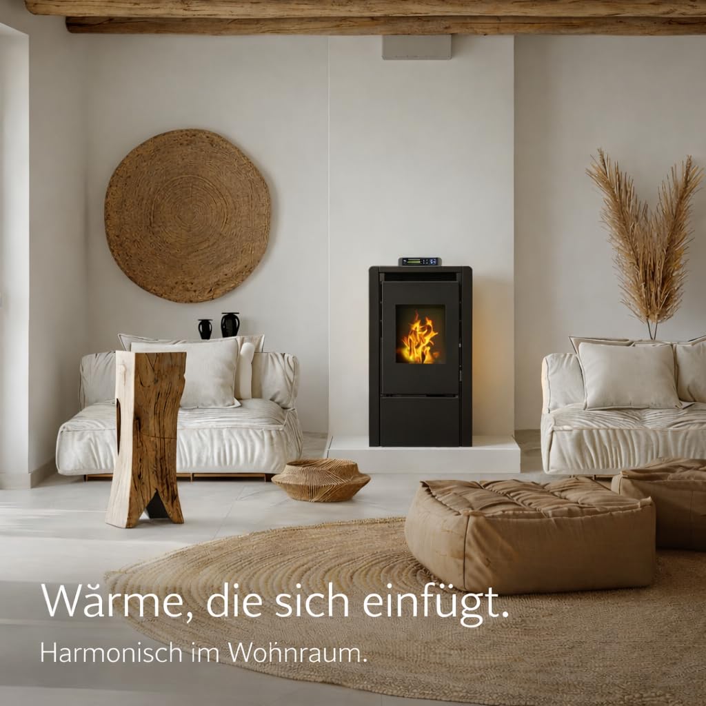 NEMAXX® P6Mi Estufa pellets 6 kW A+ hasta 120 m³,ciclo limpieza automático,modo ECO,programa semanal,mando a distancia,WiFi opcional,desconexión segura,protección vacío,sobrecalentamiento,Negro
