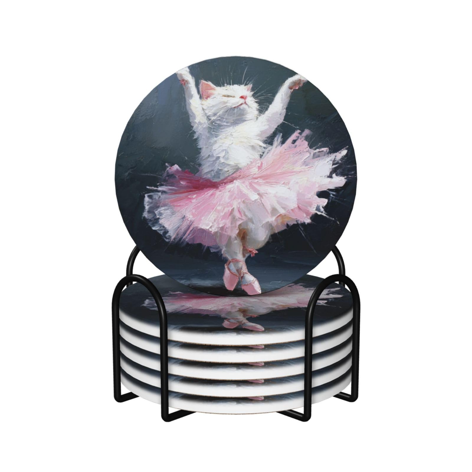 Dancing White Cat in A Pink Tutu Ceramic Coasters with Holder 6ps
