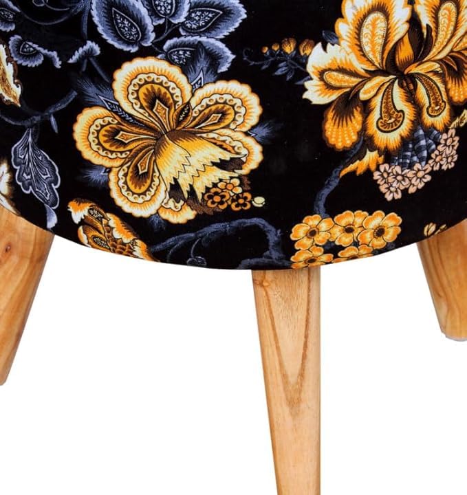 Image of Ottoman for Living Room, Velvet Round Foot Rest Stool, Wooden Legs Chair for Sitting, Ottoman for Bedroom & Makeup Room Decor | Chair (18 inchx18 inchx32 inch), Puffy (16 inchx16 inchx17 inch) | (Black Lily)