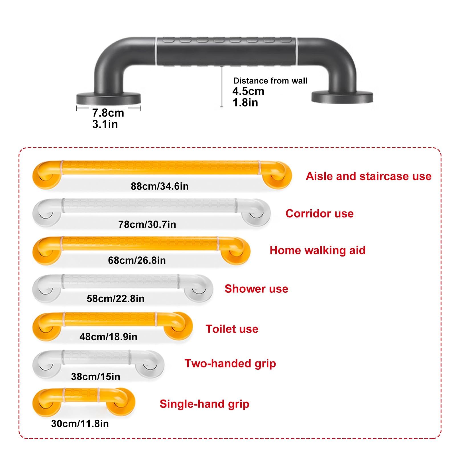 30-140CM Edelstahl Haltegriff Bad Rutschfest für Dusche und WC | Sicherheitsgriff aus Rostfreiem Edelstahl, Stabiler Badewannengriff für Senioren, Kinder und Patienten(Weiß,78cm)