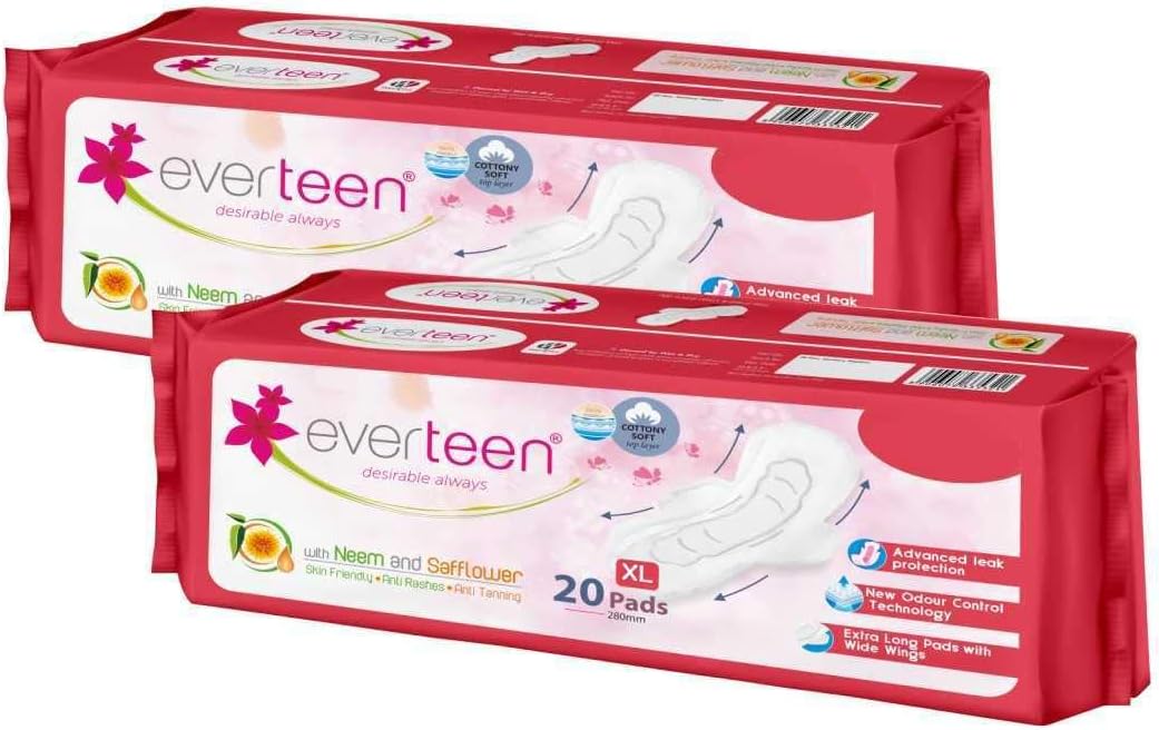everteen XL Cottony-Soft Top Sanitary Pads with Neem and Safflower 2 Packs (Pack of 20 Pads Each, 280mm)